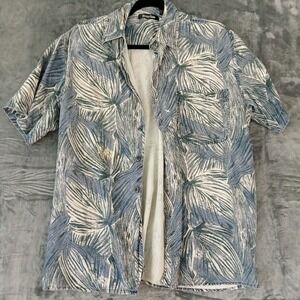 Bobby Chan Shirt Mens Medium Blue White Silk Leaf Print Short Sleeve Casual